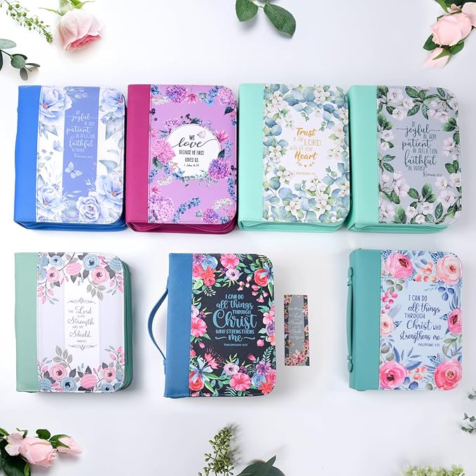 Bible Covers Case for Women Large Leather Bible Carrying Cases Holder Pink 10.8"x7.8"x2" Floral Bible Carrier Tote Bags with Bookmarks Handles Pockets Christian Bible Book Accessories Gifts
