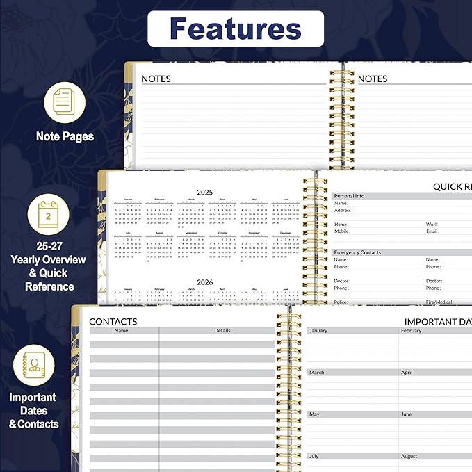SUNEE 2025 Weekly and Monthly Planner - from January 2025 - December 2025, 8.5"x11" Daily Agenda Planner with Monthly Tab, Flexible Cover, Note Pages, Pockets, Bookmark, Spiral Binding, Dark Blue