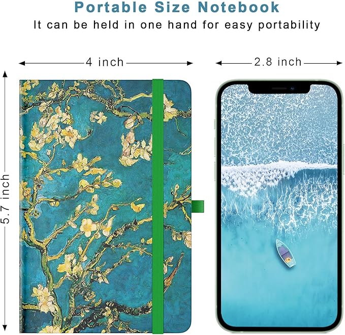 Small Notebook, Mini Pocket Journal A6 5.7" x 3.9", Leather Hardcover Journal with Pen Holder, 160 Thick Papers, Cute Lined Notebook Small Notepad for Women Writing Work Travel, Green Flower