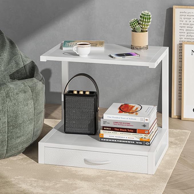 2-Tier Desktop Printer Stand with Fabric Drawer, Prtiner Table with Storage Shelf, Desk Organizer for Home Office,3D Printer,Fax Machine,Scanner, 17.3"x11.8" White