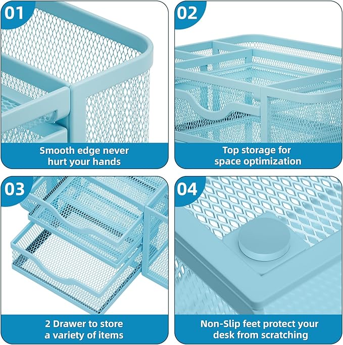 Marbrasse Mesh Desk Organizer, Pen Organizer with 2 Drawer, Multi-Functional Pencil Holder for Desk, Desk Organizers and Accessories with 5 Compartments + Drawer for Office Art Supplies (Blue)