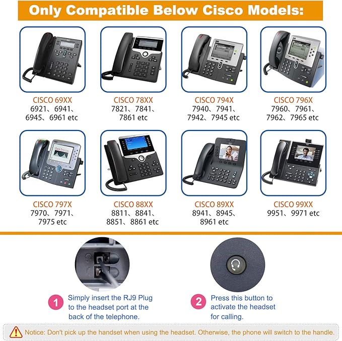 Volume and Mute Switch Headset Office Monaural Headset with Microphone RJ9 Plug for Cisco IP Phones 794X 796X 797X 69XX Series and 8811,8841,8851,8861,8941,8945,8961,9951,9971 etc