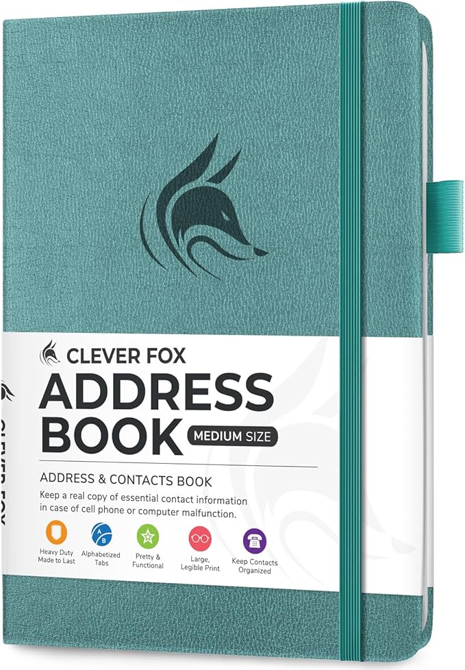 Clever Fox Address Book with alphabetic tabs - PU Leather Telephone and Address Book for Keeping Contacts Safe, Contact Organizer Journal, Medium Size (5.3″ x 7.7″) Hardcover, Aquamarine