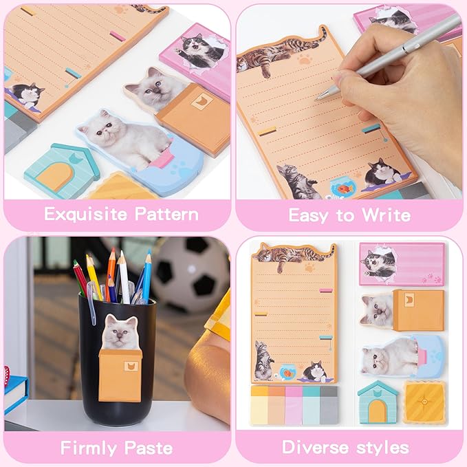 B1ykin Sticky Notes Set - Cartoon Theme Cute Self-Stick Notes Pad Teacher Appreciation Gifts， Self-Adhesive Writing Memo Pages Sticky to Do Notepad for Kids Employee School Office (Cat Lovers)