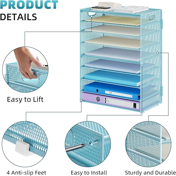 Marbrasse Paper Organizer Letter Tray, 9 Tier Mesh File Organizer with Handle, Paper Sorter Desk Organizer for Home Office Supplies - Blue