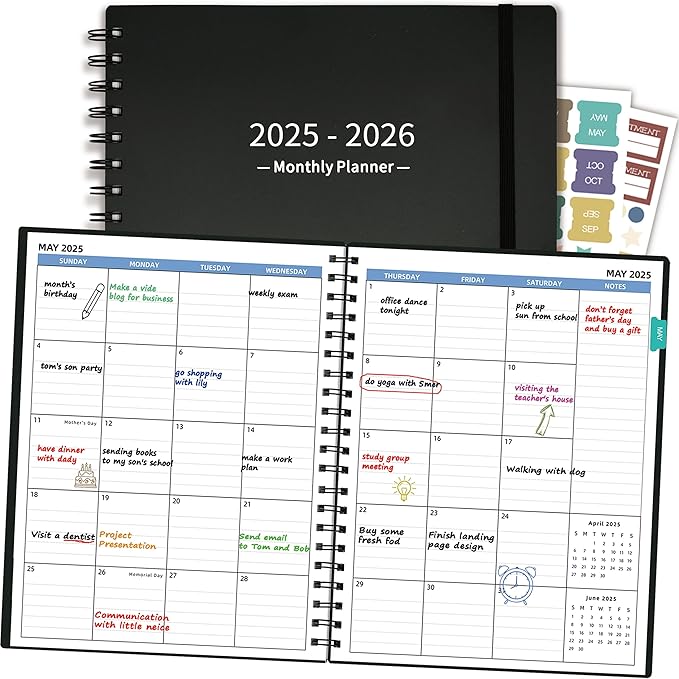 Monthly Planner 2025-2026 (7.4'' x 9.6''), 2025 Calendar 18 Months Planner from Jan 2025-Jun 2026, Academic Planner with Monthly Tabs & Pocket, Perfect for School & Work, 120GSM Thick Paper, Black