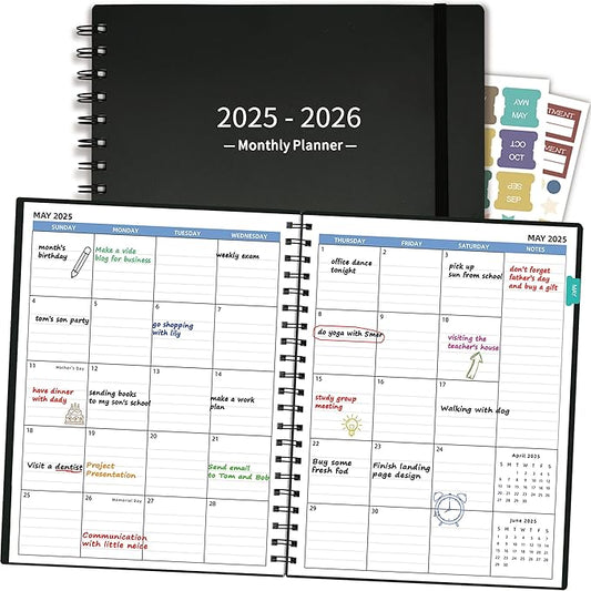 Monthly Planner 2025-2026 (7.4'' x 9.6''), 2025 Calendar 18 Months Planner from Jan 2025-Jun 2026, Academic Planner with Monthly Tabs & Pocket, Perfect for School & Work, 120GSM Thick Paper, Black