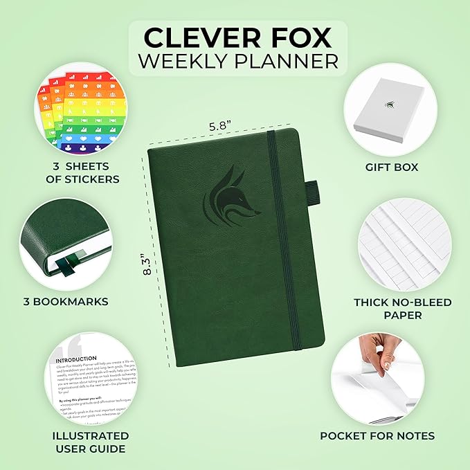 Clever Fox Dated Planner 2025-2026 – Weekly Life Planner Notebook for Goal Setting & Time Management – Planner with Habits Tracker, to-do List & Dated Pages – A5, Lasts 1 Year (Forest Green)