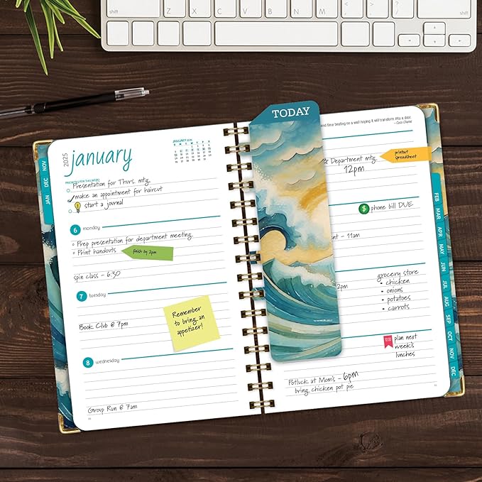 HARDCOVER 2025 Planner, 5.5"x8": 14 Months (November 2024 - December 2025), Daily Weekly Monthly Planner, Yearly Agenda, Bookmark, Pocket Folder and Sticky Note Set (Ocean Waves)