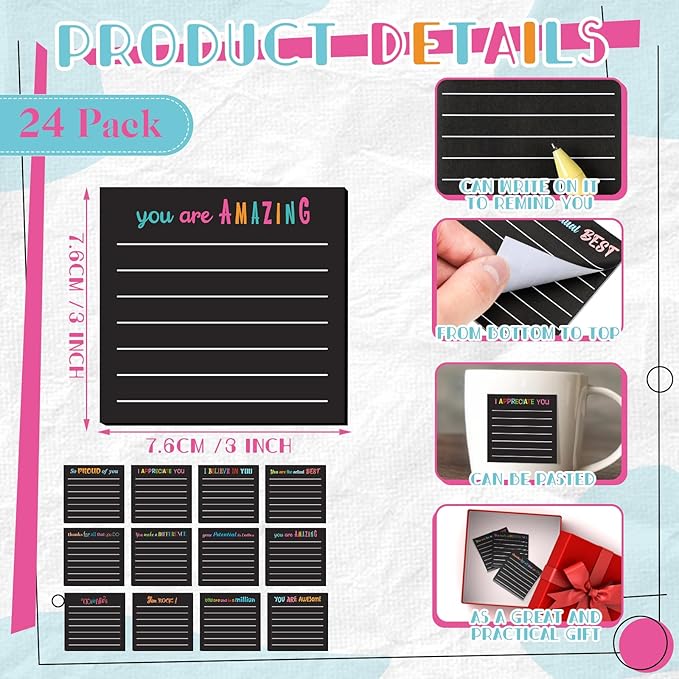Yinder 24 Pcs Inspirational Sticky Notes with Lines Cute Motivational Sticky Notes Pad Employee Appreciation Gifts Bulk for Teacher Nurse Coworkers Office Supplies 3 x 3''(Black,Appreciation)
