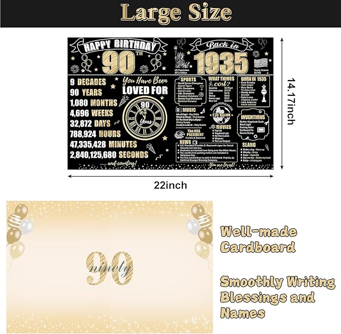 Large 90th Birthday Card With Envelope for Men Women, 1935 Black Gold Happy 90th Birthday Giant Guest Signature Book Gifts, Big Vintage 1935 90th Greeting Card Decoration Party Supplies