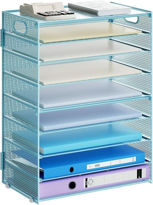 Marbrasse Paper Organizer Letter Tray, 9 Tier Mesh File Organizer with Handle, Paper Sorter Desk Organizer for Home Office Supplies - Blue