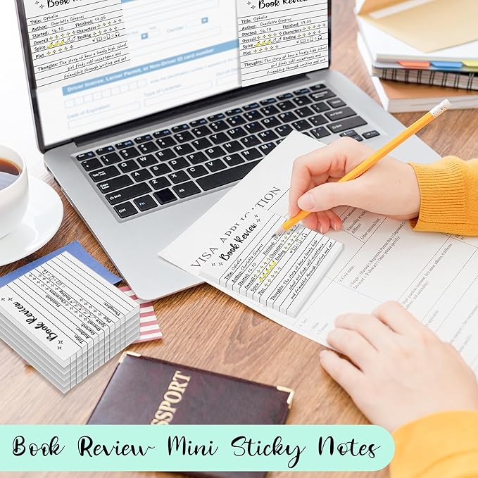 L1rabe Book Review Mini Sticky Notes - 6Pcs Self-Stick Note Pads Reading Journals for Book Lovers&Readers, 300 Sheets Small Notepads Bookish Bookworm Gifts, Back to School Review Tracker Reading Log