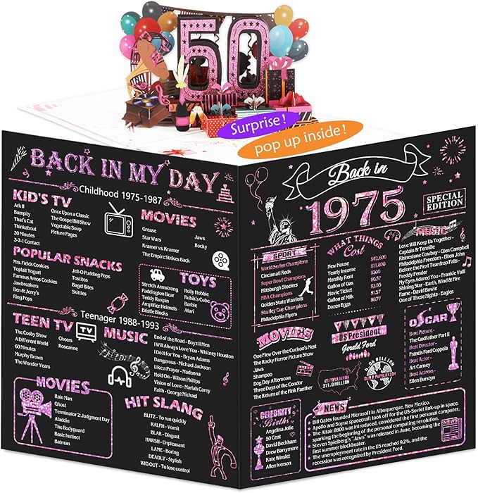 50th Birthday Card for Women Her, Jumbo 3D Pop Up 50th Birthday Gifts, Back In 1975 Happy 50 Year Old Sister Birthday Decorations Cards Card for Wife, Rose Gold