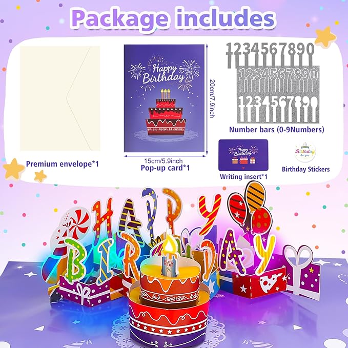 Customizable Age 3D Birthday Card – LED Light, Blowable Candle & Music Pop-Up Greeting Card for Women, Men (1-100 Years) Purple Gold