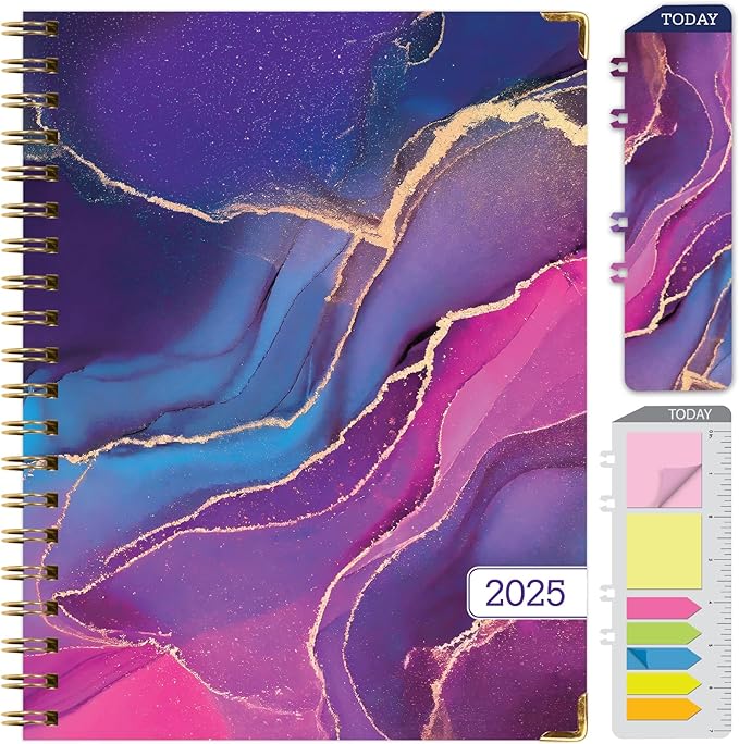HARDCOVER 2025 Planner, 8.5"x11": 14 Months (November 2024 - December 2025), Daily Weekly Monthly Planner, Yearly Agenda, Bookmark, Pocket Folder and Sticky Note Set (Pink Purple Marble)