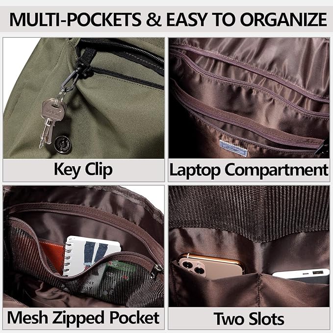 Kasqo Backpack for Men and Women, 15.6 Inch Laptop Backpack Large Capacity Water Resistant Drawstring Flap Bag, Green