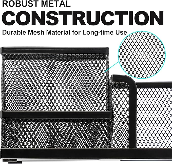 MaxGear Pen Holder for Desk - Black Metal Mesh Pencil Holder with 3 Compartments, Desktop Organizer with Non-Slip Mats, Office Supplies Organizer for School, Home & Workspace