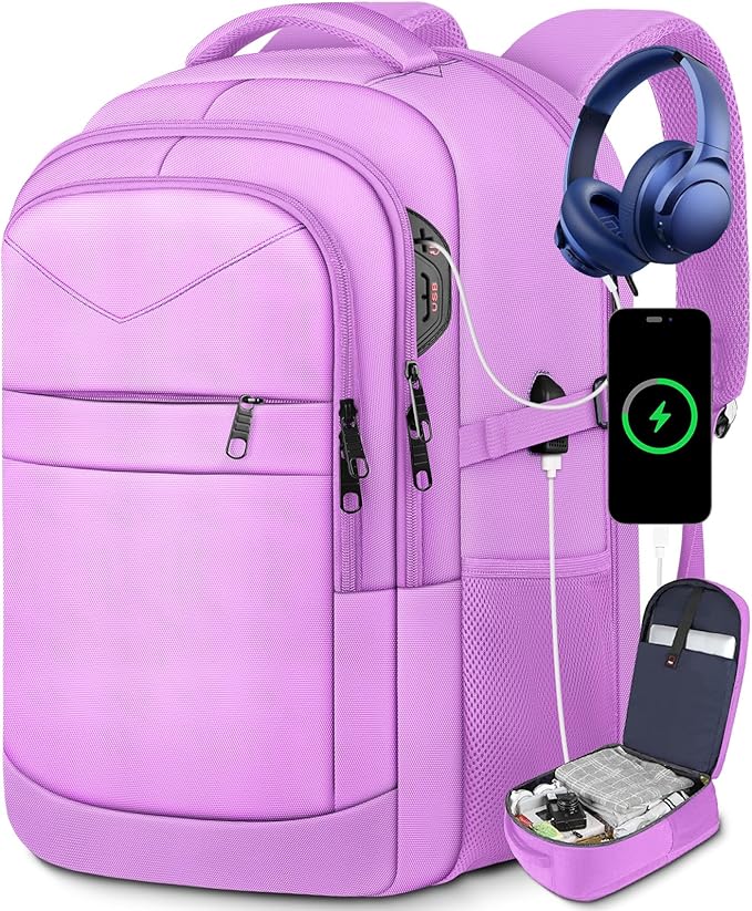 Lapsouno Large Laptop Backpack, Travel Laptop Backpack, 17.3 Inch Carry on Backpack with USB Port, TSA Travel Bag for Women,College School Backpack for Women,Light Purple