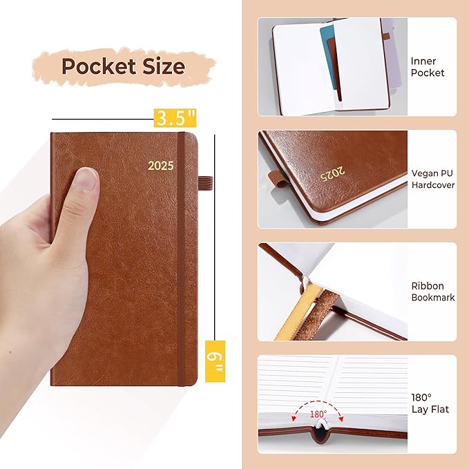 SUNEE 2025 Pocket Weekly Planner for Purse 3.5" x 6" - 12 Month (January 2025 - December 2025), Pocket Size Planner, Hardcover, Notes, Pocket, 100 GSM Paper, Brown