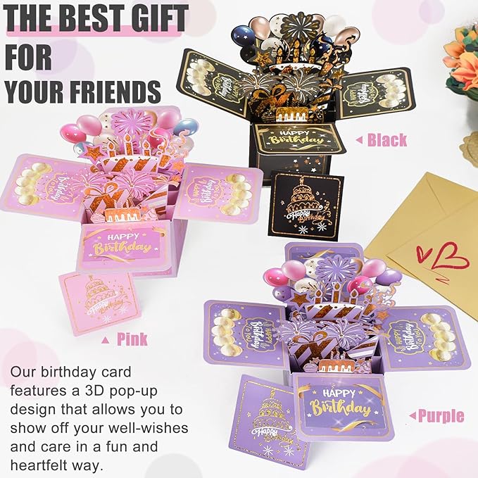 Surprise Pop Up Happy Birthday Cards, Lovely 3D Birthday Card for Adults and Kids with Envelopes, Unique Design Handmade Foldable Greeting Cards for Daughter, Son, Mom, Dad, Friend（Pink）
