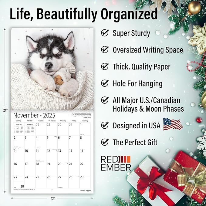 RED EMBER Pooped Puppies 2025 Wall Calendar 12 Month | 12" x 24" Open | Thick & Sturdy Paper | Giftable | Calendar 2025