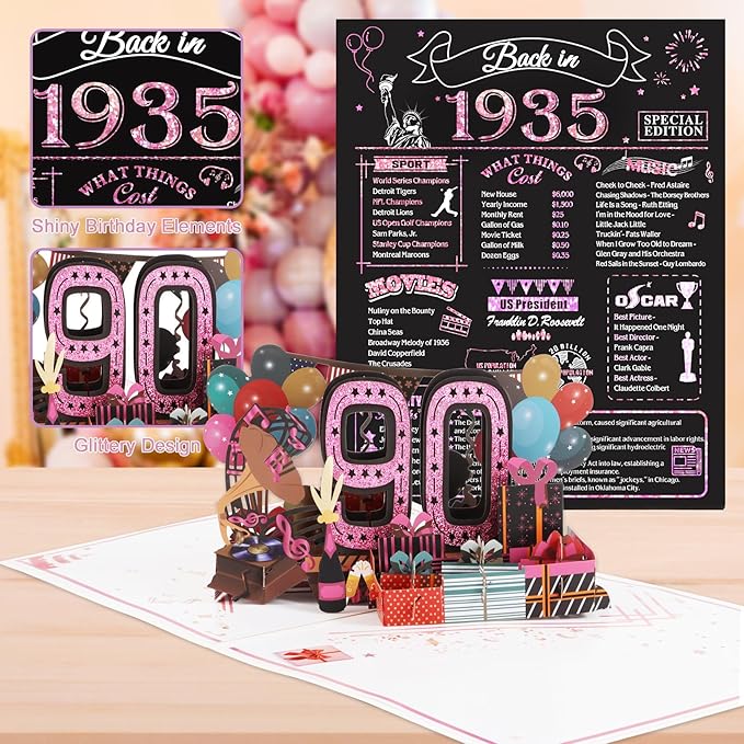 90th Birthday Card for Women, Jumbo 3D Pop Up 90th Birthday Gifts for Mom Grandma, Back In 1935 Happy 90 Year Old Sister Birthday Decorations Cards Card for Her, Rose Gold