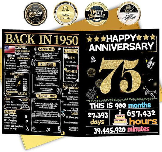 Joycard 75th Anniversary Card for Women Men, Gold Wedding Card for Wife Husband, Sweet Marriage Decorations Gifts for Couple, Perfect for Her Him on Anniversary Day, Back in 1950