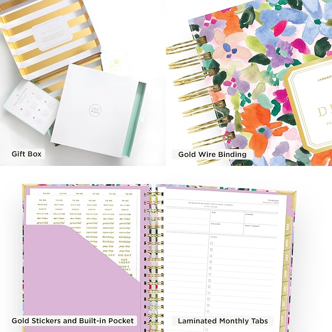 Day Designer 2025 Daily Planner – Premium Planner for Stylish Organization. Combines Monthly Calendar, Hourly Schedule, To-Do List, Gratitude, Goal Setting, Inspirational Quotes, Stickers & More. Elegant laminated Cover with Gold Accents (Blurred Spring)