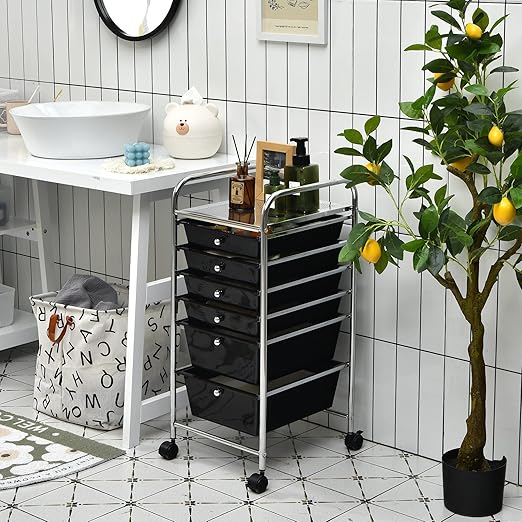 6-Drawer Rolling Storage Cart, Multifunctional Storage Organizer Cart with Wheels, Mobile Utility Cart for Home Office Garage Tools (Black)