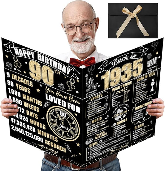 Large 90th Birthday Card With Envelope for Men Women, 1935 Black Gold Happy 90th Birthday Giant Guest Signature Book Gifts, Big Vintage 1935 90th Greeting Card Decoration Party Supplies