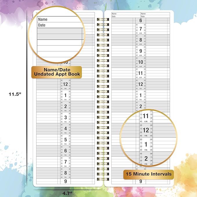 Appointment Book - Salon Appointment Book, 11.5" x 4.7", Hourly Planner, 2 Columns, Undated, 6 AM - 9 PM, Spiral Bound, 200 Pages, Colorful