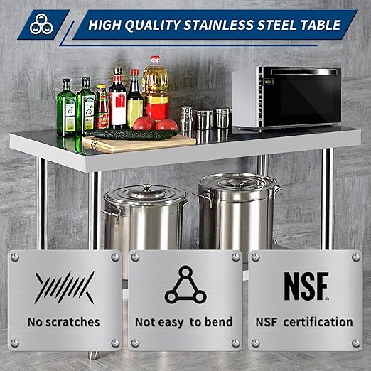Stainless Steel Table for Prep & Work 24 x 24 Inches, NSF Commercial Heavy Duty Food Prep Worktable with Undershelf for Restaurant, Home and Hotel Christmas Preparation Table