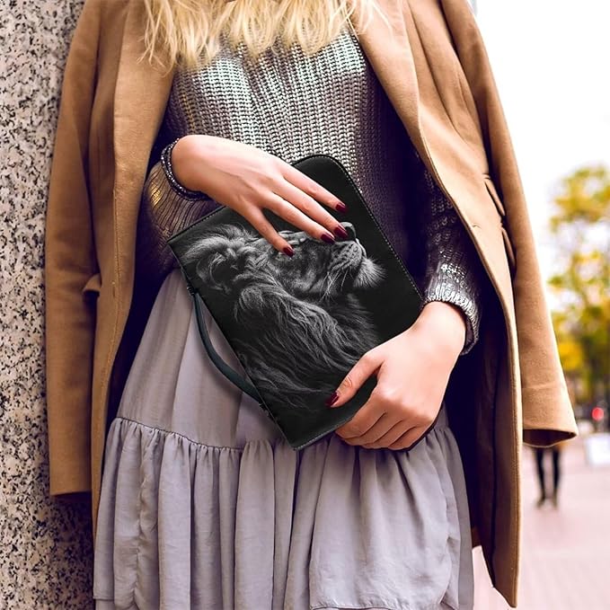 Lotusorchid Lion Print Faux Leather Bible Covers for Men, Portable Zippered Bible Carrying Case Bible Tote Bag for Women Girls, Christian Bible Study Accessories, Black, 2XL