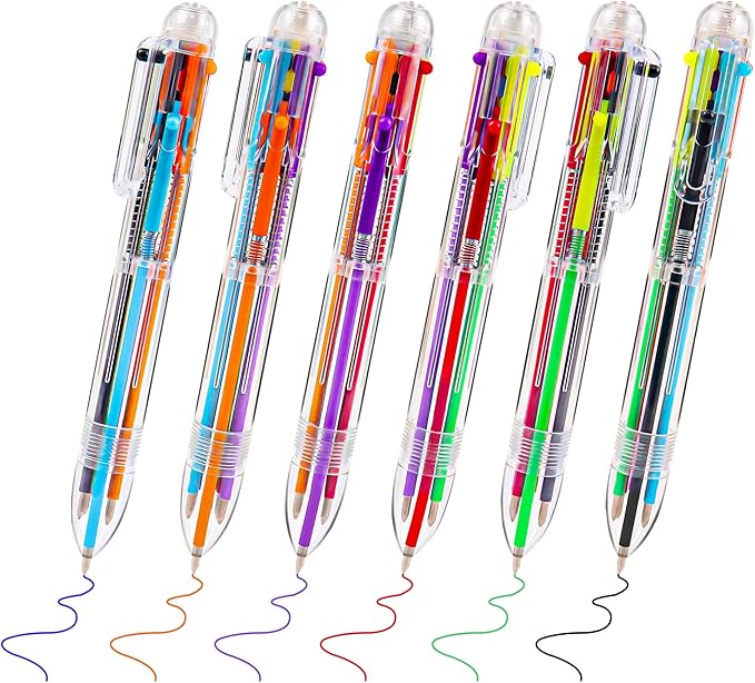 IHPUKIDI 6 Pack 0.5mm 6-in-1 Multicolor Ballpoint Pen, 6 Color Transparent Barrel Retractable Ballpoint Pens for Office School Supplies Students Gift
