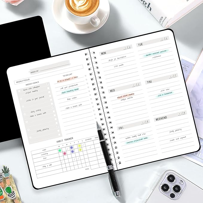 KMQOY Weekly Planner - Undated 52-Week To Do List Planner with Habit Tracker Spiral Weekly Planner for Weekly Goals/Work Planner, 5.8" * 8" - black