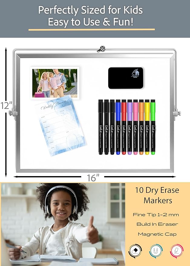 Dry Erase White Board for Kids, 16inX12in Large Magnetic Desktop Whiteboard with Stand Wall Hanger, 10 Markers, 4 Magnets, 1 Eraser, Portable Double-Sided Easel for Kids to Do List Desk Board