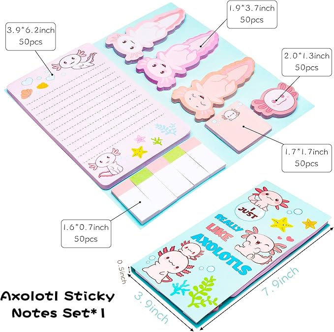I Just Really Like Axolotl Sticky Notes Set, 550 Sheets, Animal Mexican Walking Fish Shaped Self-Stick Notes Pads Divider Tabs Bundle Writing Memo Pad Page Marker Back to School Office Supplies