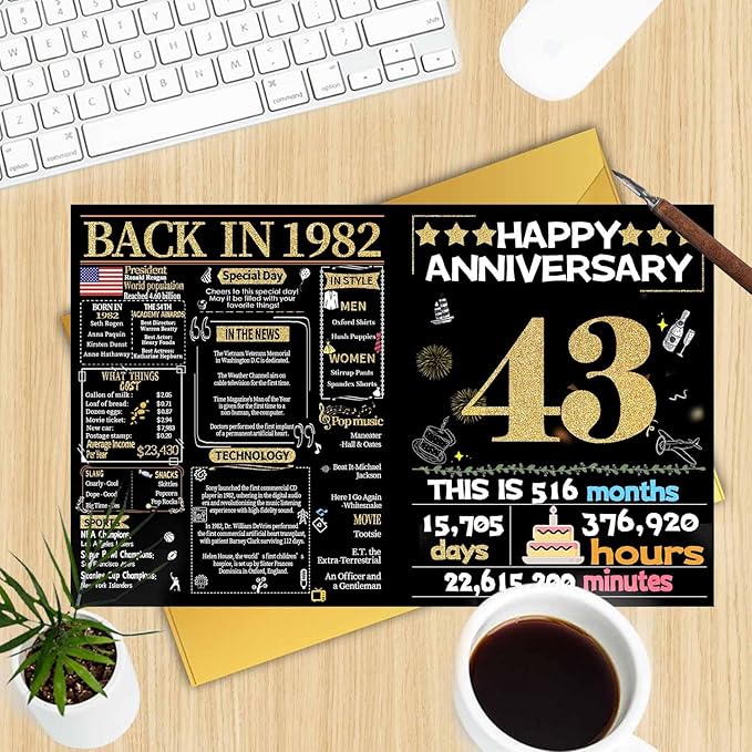 Joycard 43rd Anniversary Card for Women Men, Gold Wedding Card for Wife Husband, Sweet Marriage Decorations Gifts for Couple, Perfect for Her Him on Anniversary Day, Back in 1982