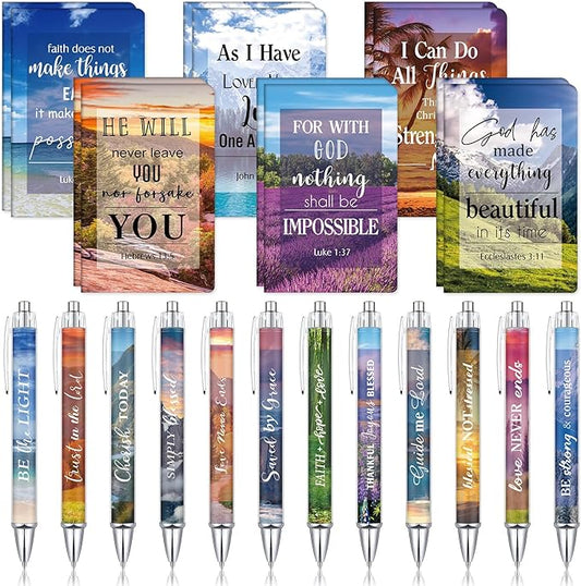 Colarr 24 Pcs Christian Bulk Gifts for Women Men Bible Verse Pens and Notebooks Religious Easter Gifts Scripture Ballpoint Pens Journals Sunday School Church Inspirational Study Supplies(Scenery)