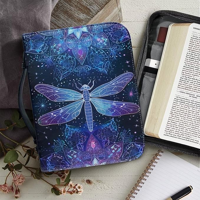 Lotusorchid Dragonfly Print Bible Covers for Women PU Leather Bible Case, Portable Bible Tote Bag Bible Book Carrying Case Christian Bible Accessories with Handle Pocket, Blue, M