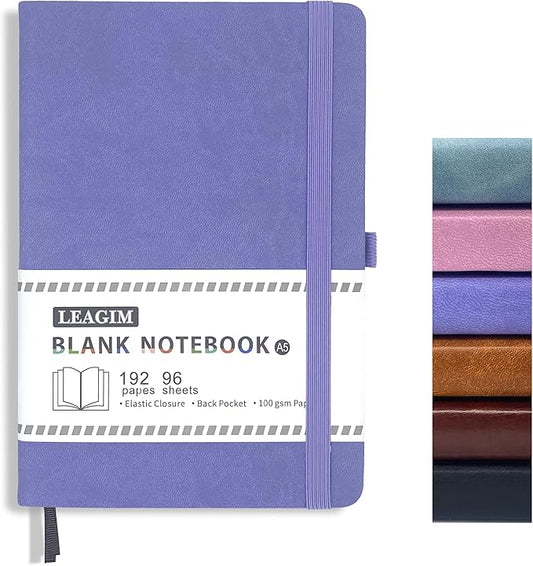Blank Journal Notebook, A5, 192 Pages 100 GSM Thick Sketch Book for Women Men, Hardcover Leather Unlined Journaling for Work, Notebooks for Writing, 5.8 inches x 8.5 inches (Purple)