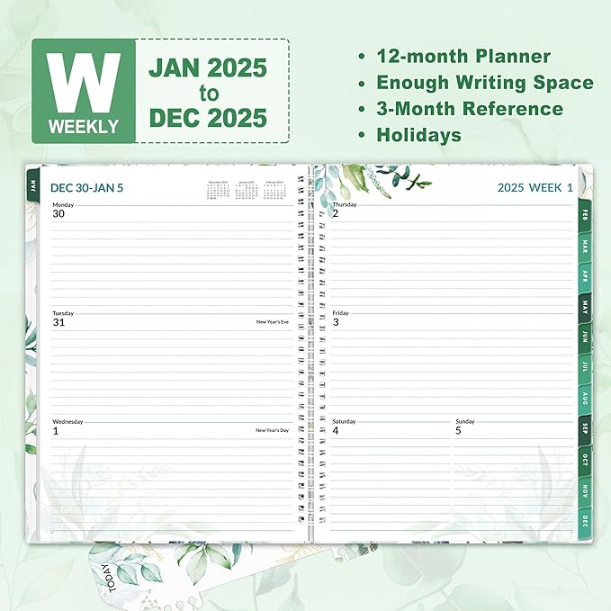 SUNEE 2025 Weekly and Monthly Planner - from January 2025 - December 2025, 8.5"x11" Daily Agenda Planner with Monthly Tab, Flexible Cover, Note Pages, Pockets, Bookmark, Spiral Binding, Eucalyptus