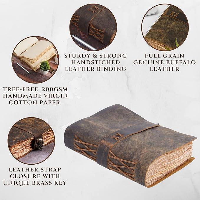 LEATHER VILLAGE Leather Bound Vintage Journal for Women & Men - Book of Shadows - Lock Closure - 200 Pages of Antique Deckle Edges Handmade Paper - Rustic Brown Color - 7 X 5 inches