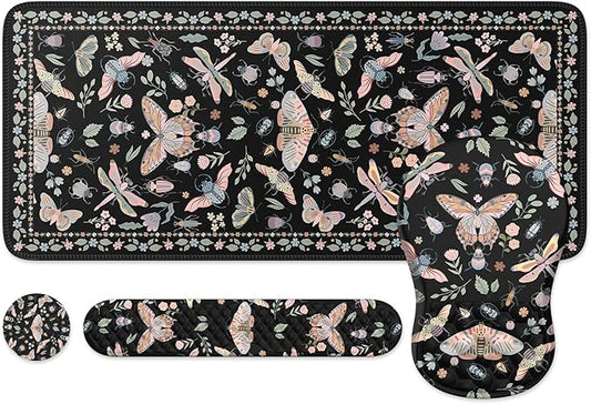 iLeadon Large Mouse Pad and Keyboard Wrist Rest,4in1 Desk Pad Set for Computer Keyboard,Long Floral Mouse Pad XXL+Cup Coaster with Non-Slip Base for Home Office,Black Insect