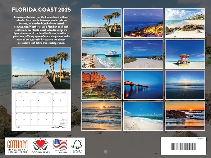 Florida Beach Calendar 2025 Florida Coast Monthly Wall Calender 12 Month | American Made In The USA