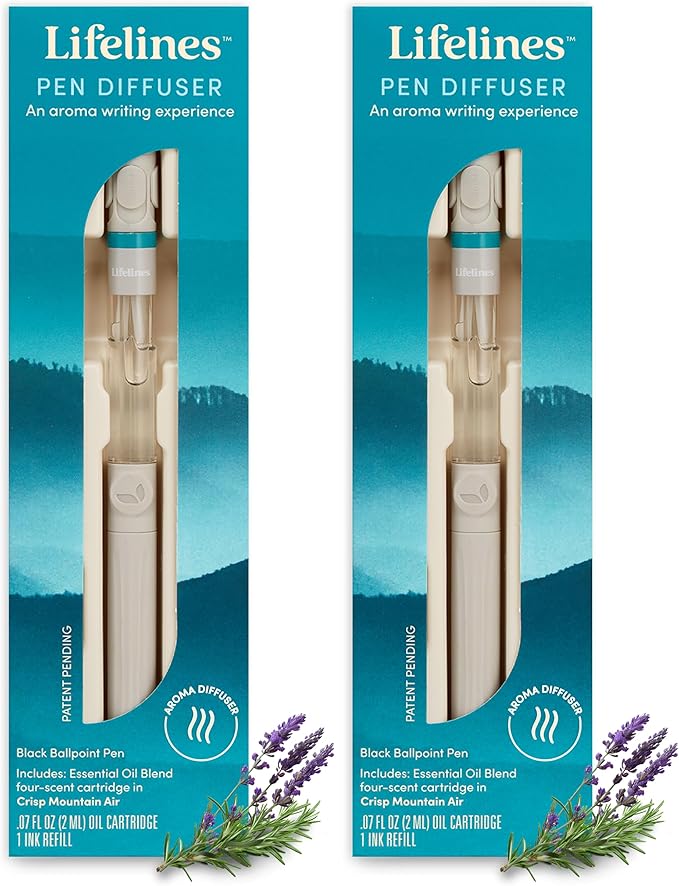 Lifelines Pen Diffuser Set, 2-Pack (Crisp Mountain Air) - 1mm Black Ballpoint Pens with Scented Essential Oil Blends – Aromatherapy Diffuser & Sensory Immersion Diffuse Aroma