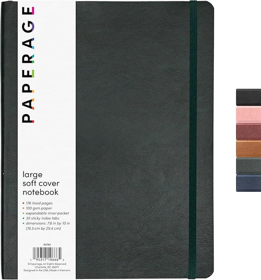 PAPERAGE Softcover Lined Journal Notebook (Dark Green), 176 Pages, Large B5 College Ruled Notebook, 7.6 inches x 10 inches - 100 GSM Thick Premium Paper, Soft Vegan Leather Journal for Home, Work & School