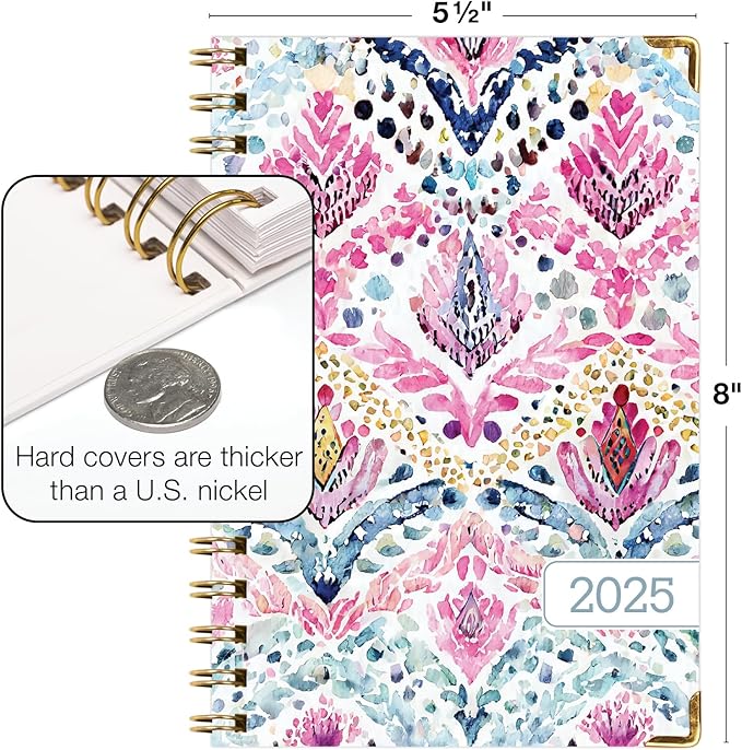 HARDCOVER 2025 Planner, 5.5"x8": 14 Months (November 2024 - December 2025), Daily Weekly Monthly Planner, Yearly Agenda, Bookmark, Pocket Folder and Sticky Note Set (Boho Ikat)