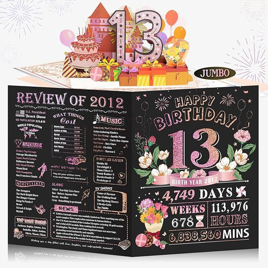 13th Birthday Card for Girl, Jumbo Pop Up 13th Birthday Cards for Daughter, Happy 13th Birthday Decorations for 13 Year Old Son Daughter Funny Birthday Gifts, Review of 2012, Pink
